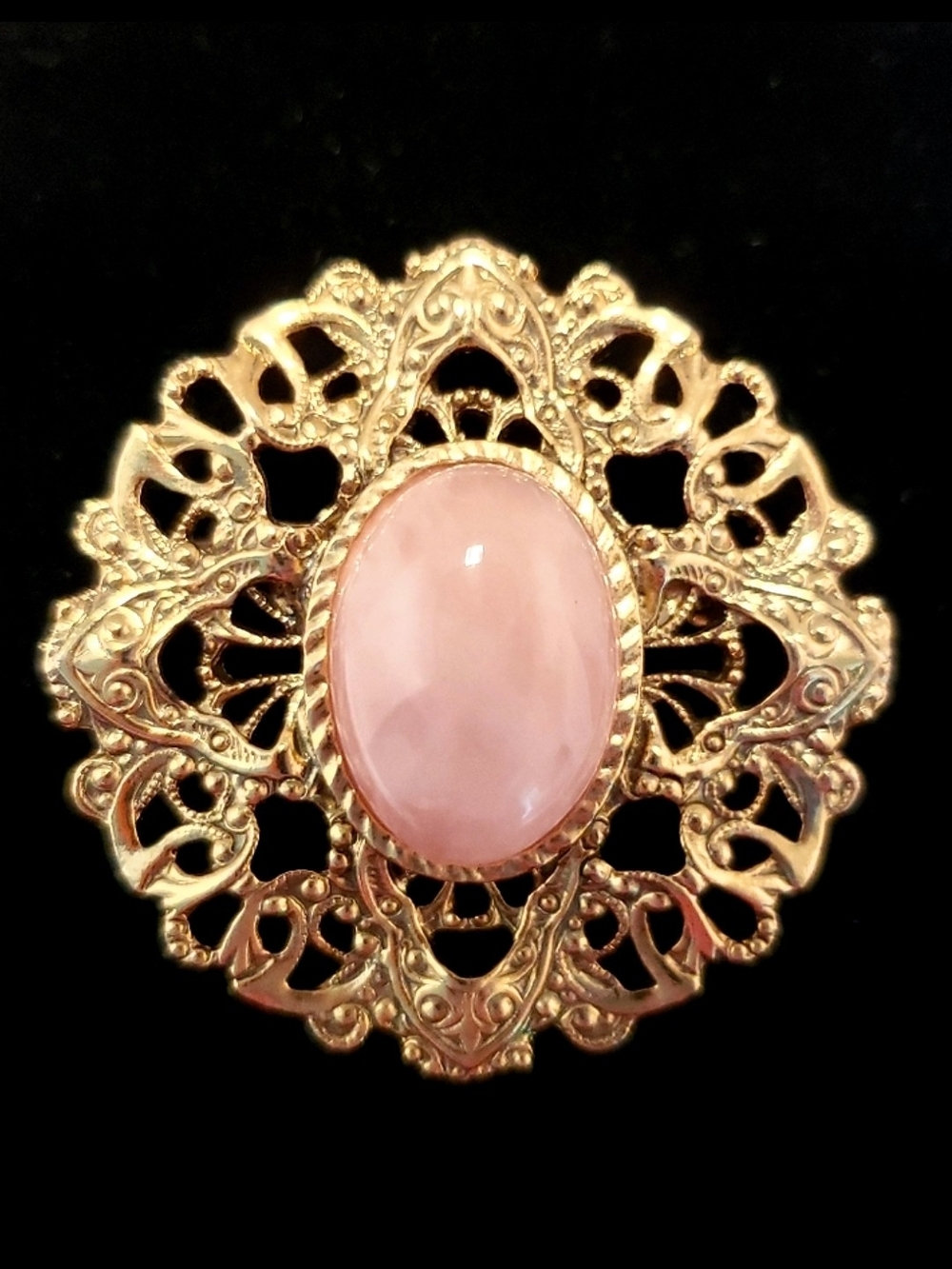 Gold Filigree Ring with Pink Oval Stone